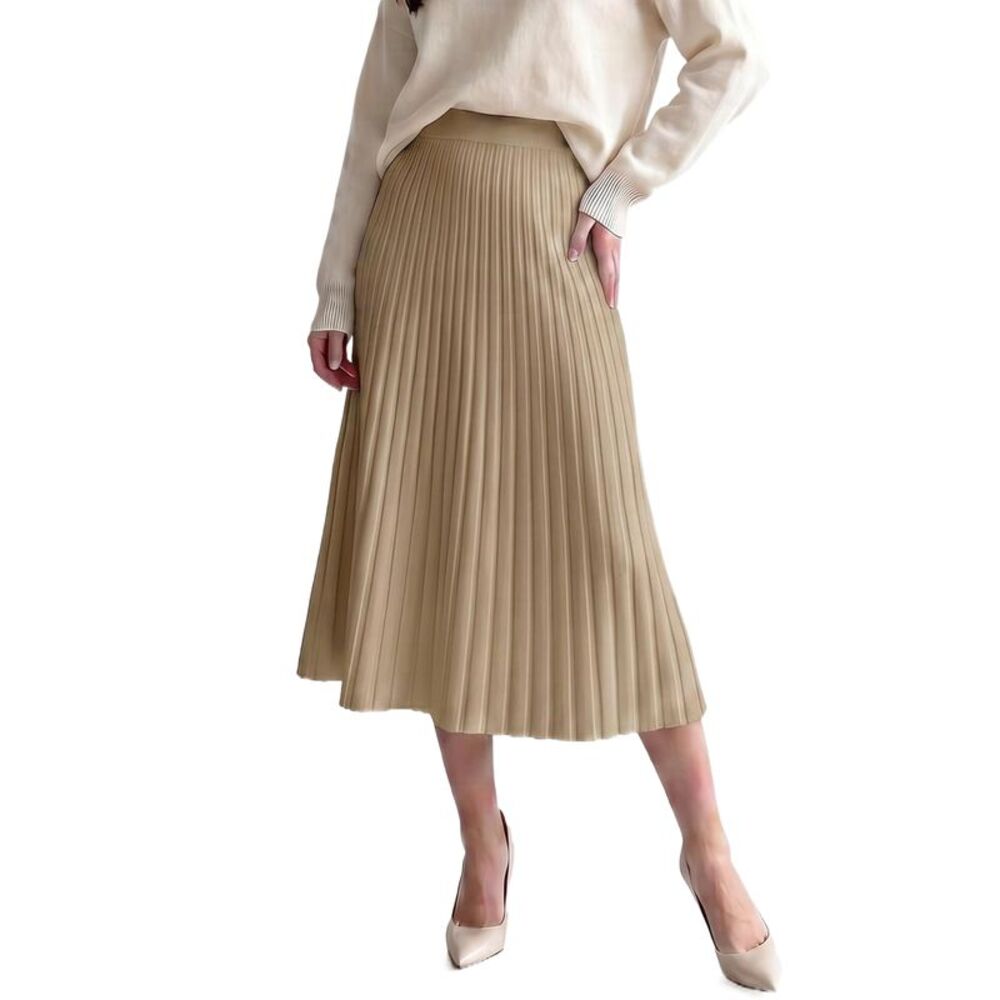 Women Pleated A-Line Maxi Skirt High Waist Elegant Sweater Skirt Khaki